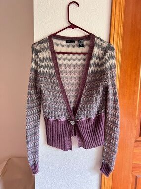 Moda International Kid Mohair Cardigan Purple Gray Chevron Jewel Clasp S